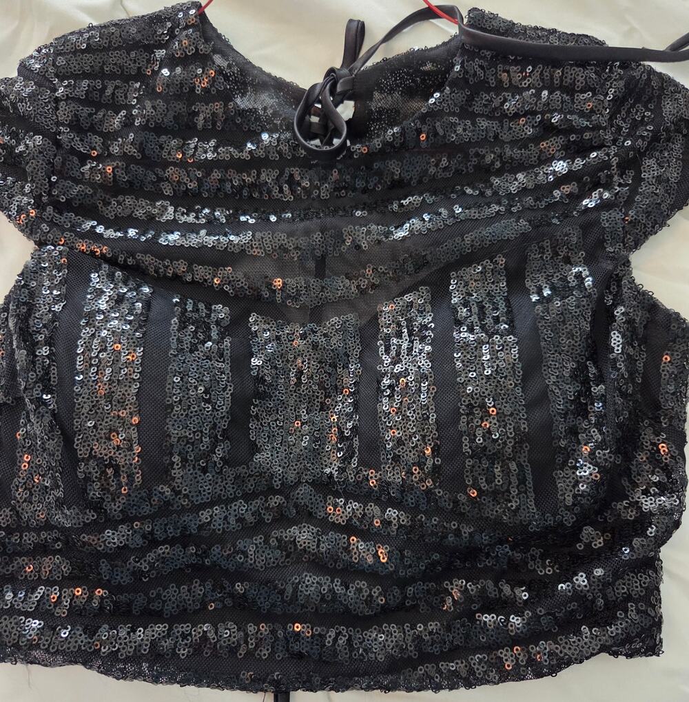 Haute Nites Black Sequin Crop Top Open Lace Up Back Cap Sleeve Party Holiday 3